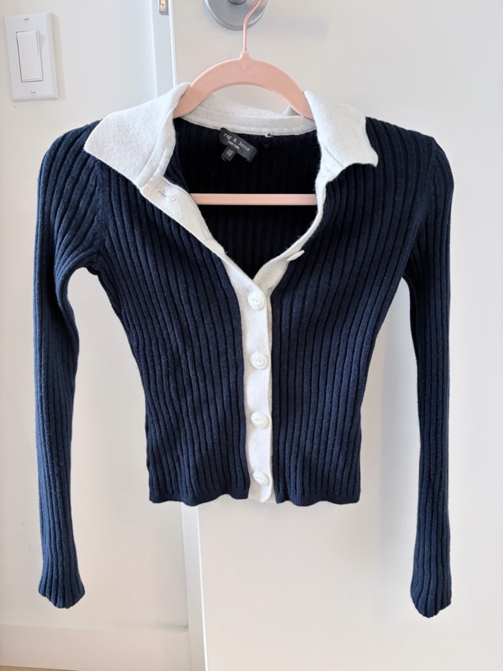 rag & bone Navy Ribbed Long Sleeve Cardigan with White Trim